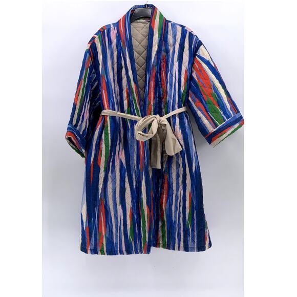 LUKAP Other - LUKAP Women's Blue-Multi Striped Quilted Belted Kimono Robe SZ OS
